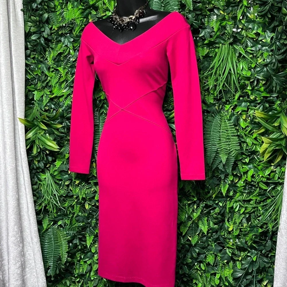 Karen Millen Dress US 6 Fuchsia Red Off Shoulder V-Neck Bodycon Midi 3853 - Picture 1 of 9